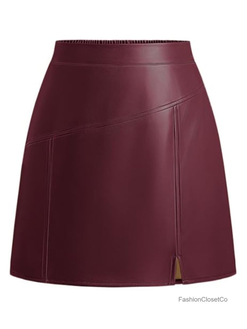 Faux Leather High Waisted A-Line Mini Skirt with Slit